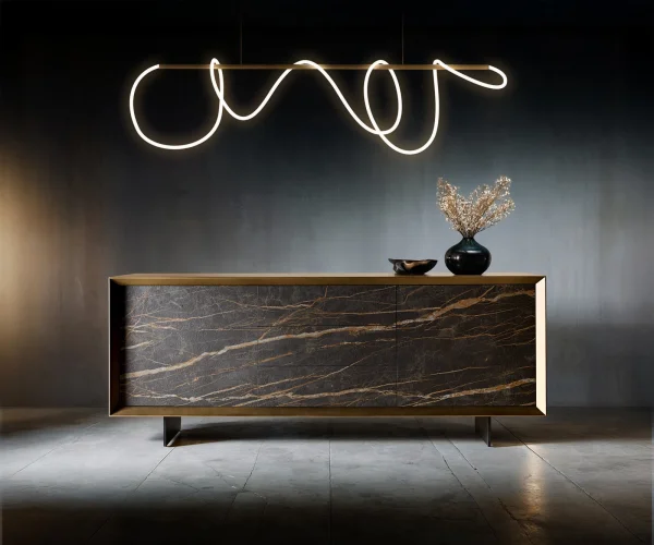 Buffet Yori 200 cm Or métallique 2 portes 3 tiroirs flottant Métal noir Céramique Laminam®Noir Desir Marron