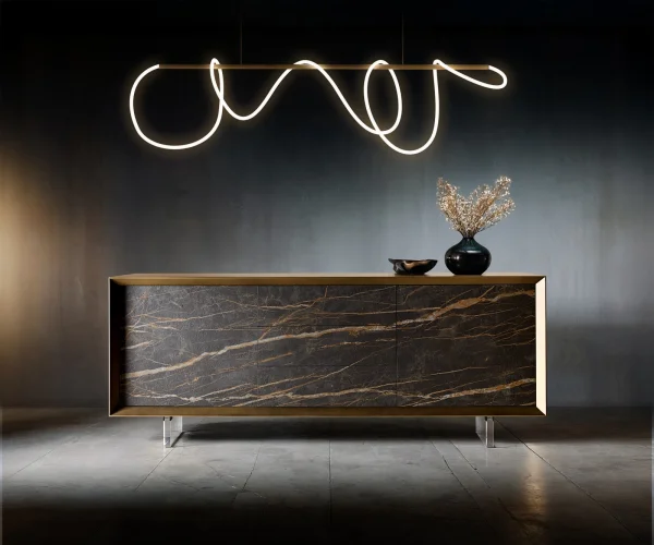Buffet Yori 200 cm Or métallisé 2 portes 3 tiroirs Pied acrylique Céramique Laminam®Noir Desir Marron