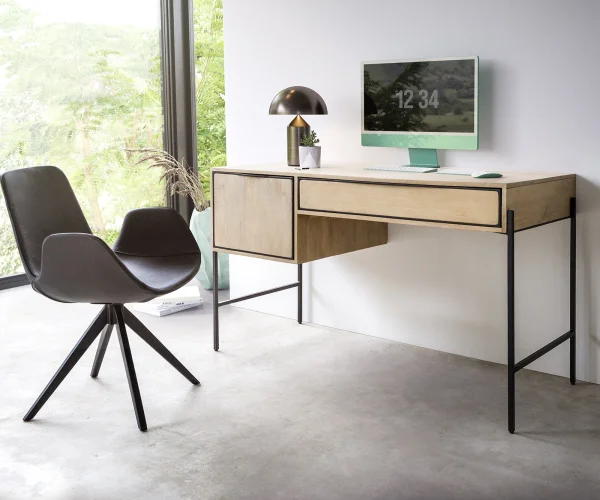 Bureau Henrikus 130x60 cm Manguier White Wash Métal noir 1 porte 1 tiroir