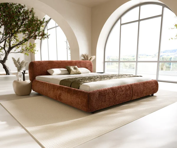 Cadre-de-lit rembourré Shona 180x200 cm tissu Teddy rouille