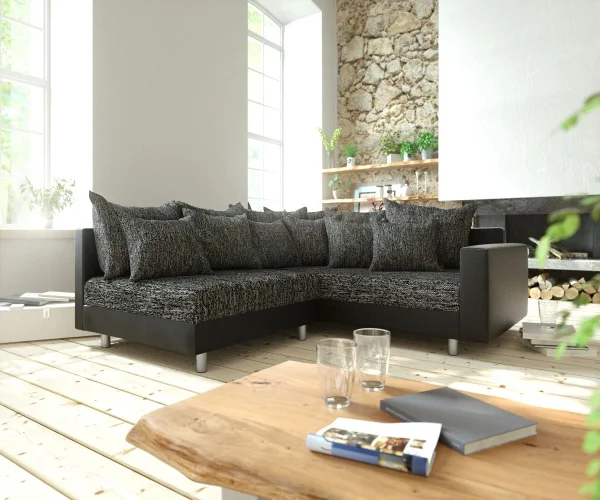 Canapé d'angle Clovis noir modulaire accoudoir ottoman droite