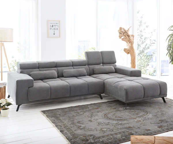 Canapé-d'angle Ordino 285x200 microfibre gris ottomane droite réglage électrique de la profondeur d'assise