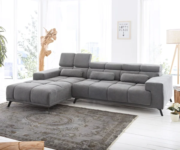 Canapé-d'angle Ordino 285x200 microfibre gris ottomane gauche réglage électrique de la profondeur d'assise