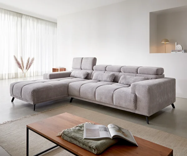Canapé-d'angle Ordino 285x200 velours côtelé gris argenté méridiènne gauche réglage électrique de la profondeur d'assise