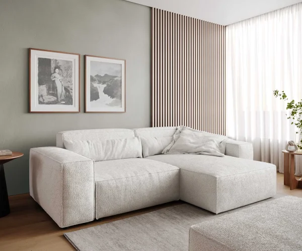 Canapé d'angle Sirpio 230x150 cm Bouclee Crème-blanc Recamiere variable avec Tabouret