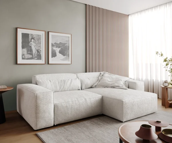 Canapé d'angle Sirpio 230x150 cm Bouclee Crème-blanc Recamiere variable