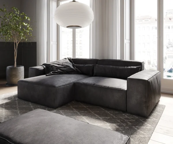 Canapé d'angle Sirpio 230x150 cm Cuir synthétique Vintage Anthracite Recamiere variable avec Tabouret