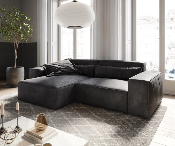 Canapé d'angle Sirpio 230x150 cm Cuir synthétique Vintage Anthracite Recamiere variable