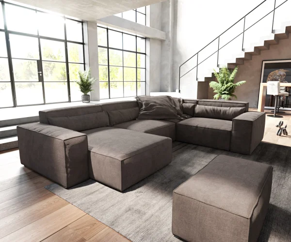 Canapé panoramique Sirpio 300x200 cm Microfibre Marron Kaki Recamiere variable avec Tabouret