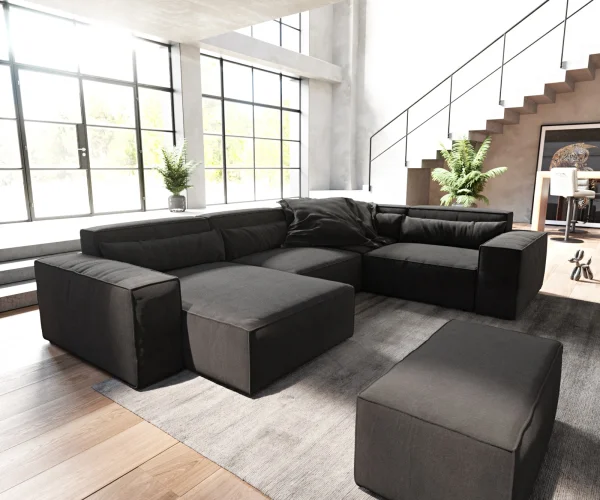 Canapé panoramique Sirpio 300x200 cm Microfibre Noir Recamiere variable avec Tabouret