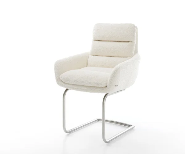 Cantilever Abelia-Flex avec accoudoirs bouclé blanc pied cantilever rond acier inoxydable brossé