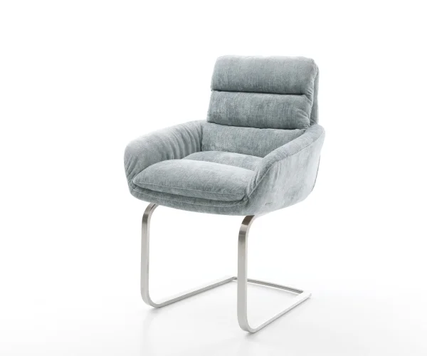 Cantilever Abelia-Flex avec accoudoirs chenille bleu pastel pied cantilever plat acier inoxydable brossé
