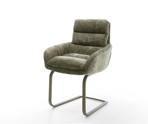 Cantilever Abelia-Flex avec accoudoirs chenille olive pied cantilever plat aspect titane