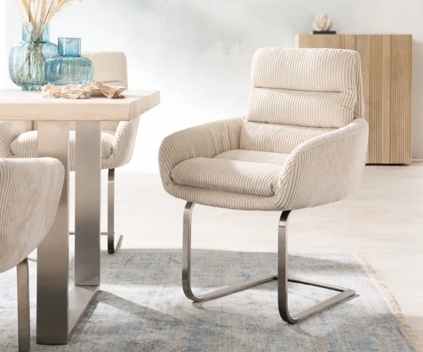 Cantilever Abelia-Flex avec accoudoirs côtelé beige vintage pied cantilever plat acier inoxydable brossé