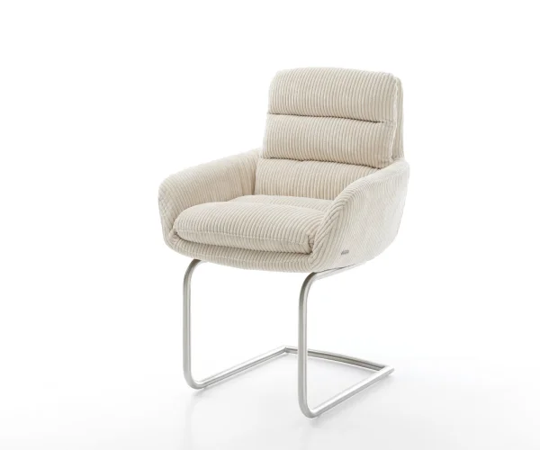 Cantilever Abelia-Flex avec accoudoirs côtelé beige vintage pied cantilever rond acier inoxydable brossé