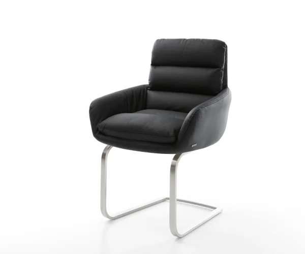 Cantilever Abelia-Flex avec accoudoirs cuir de vache noir pied cantilever plat acier inoxydable brossé