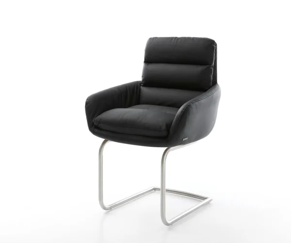Cantilever Abelia-Flex avec accoudoirs cuir de vache noir pied cantilever rond acier inoxydable brossé
