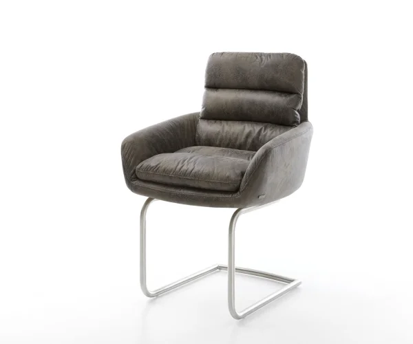 Cantilever Abelia-Flex avec accoudoirs microvelours gris antique pied cantilever rond acier inoxydable brossé