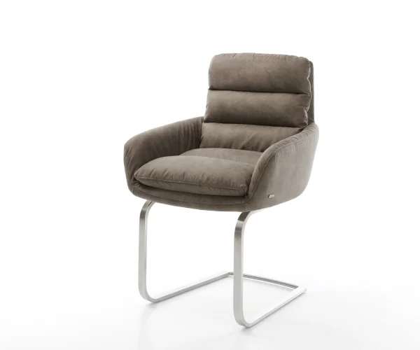 Cantilever Abelia-Flex avec accoudoirs microvelours taupe vintage pied cantilever plat acier inoxydable brossé
