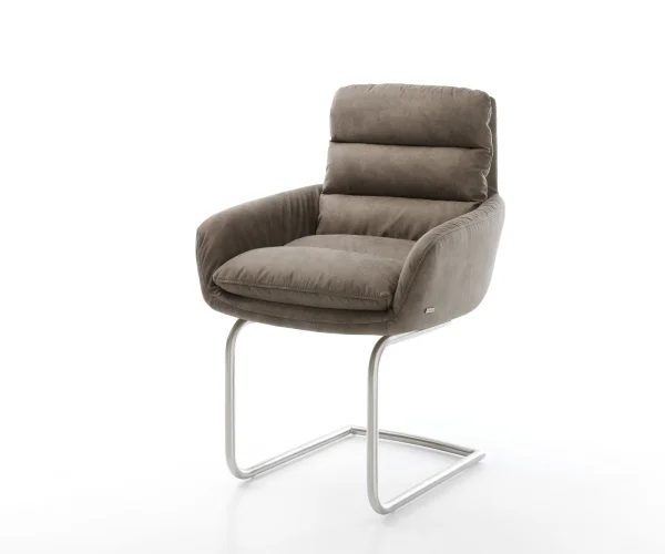 Cantilever Abelia-Flex avec accoudoirs microvelours taupe vintage pied cantilever rond acier inoxydable brossé