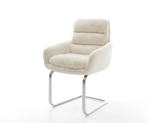 Cantilever Abelia-Flex avec accoudoirs peluche crème-blanc pied cantilever plat acier inoxydable
