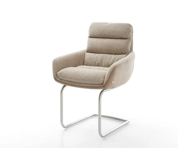 Cantilever Abelia-Flex avec accoudoirs tissu mixte couleur boue pied cantilever rond acier inoxydable brossé