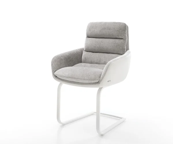 Cantilever Abelia-Flex avec accoudoirs tissu mixte cuir de vache blanc-gris argenté pied cantilever plat blanc
