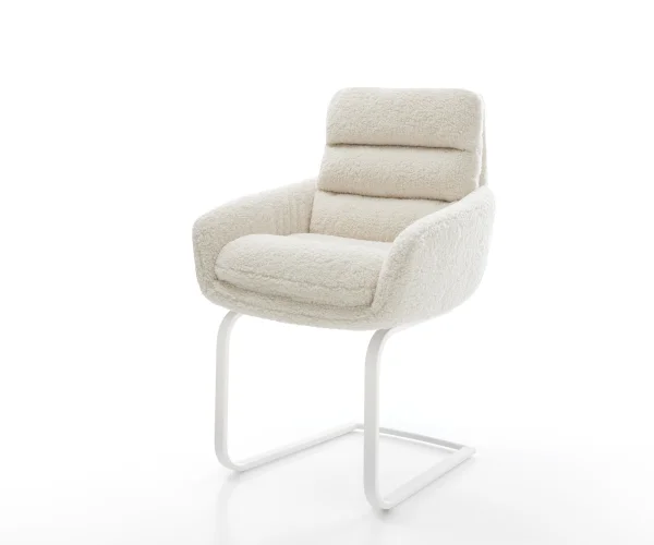 Cantilever Abelia-Flex avec accoudoirs tissu teddy beige pied cantilever plat blanc