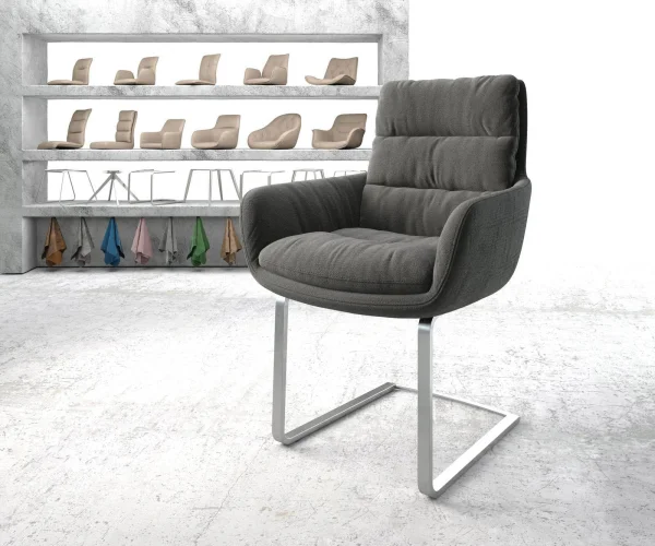 Cantilever Abelia-Flex avec accoudoirs tissu texturé anthracite pied cantilever plat acier inoxydable brossé