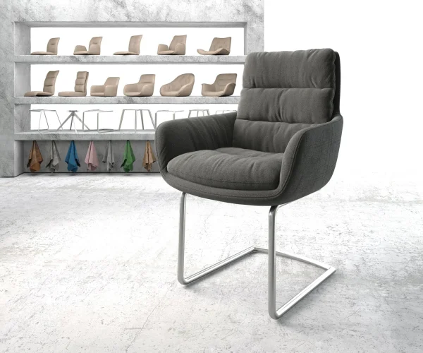 Cantilever Abelia-Flex avec accoudoirs tissu texturé anthracite pied cantilever rond acier inoxydable brossé