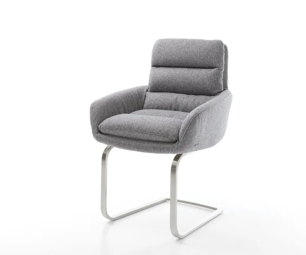 Cantilever Abelia-Flex avec accoudoirs tissu texturé gris clair pied cantilever plat acier inoxydable brossé