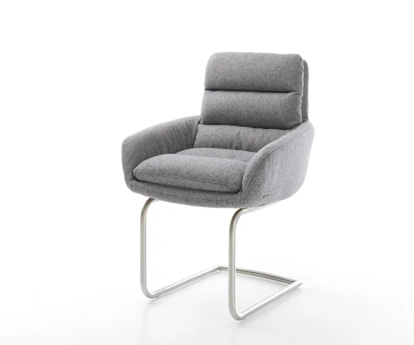 Cantilever Abelia-Flex avec accoudoirs tissu texturé gris clair pied cantilever rond acier inoxydable brossé
