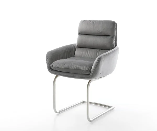 Cantilever Abelia-Flex avec accoudoirs velours gris pied cantilever rond acier inoxydable brossé