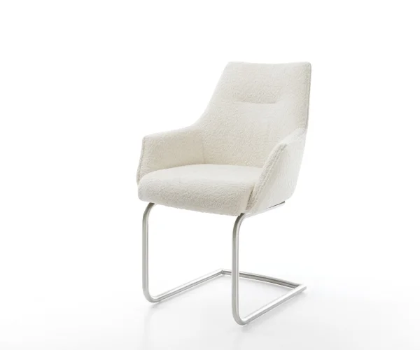 Cantilever Alja-Flex avec accoudoirs bouclé blanc pied cantilever rond acier inoxydable brossé ressorts ensachés