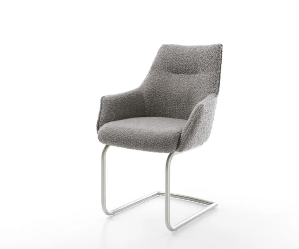 Cantilever Alja-Flex avec accoudoirs bouclé gris argenté pied cantilever rond acier inoxydable brossé ressorts ensachés