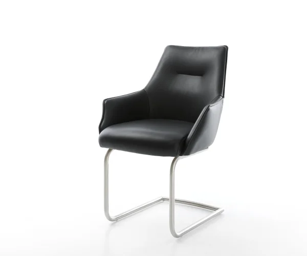 Cantilever Alja-Flex avec accoudoirs cuir de vache noir pied cantilever rond acier inoxydable brossé ressorts ensachés