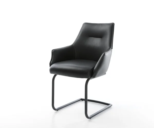 Cantilever Alja-Flex avec accoudoirs cuir de vache noir pied cantilever rond noir ressorts ensachés