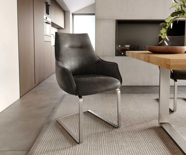 Cantilever Alja-Flex avec accoudoirs microvelours anthracite vintage pied cantilever plat acier inoxydable brossé ressorts ensachés
