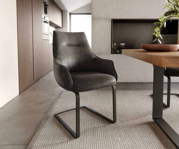 Cantilever Alja-Flex avec accoudoirs microvelours anthracite vintage pied cantilever plat noir ressorts ensachés