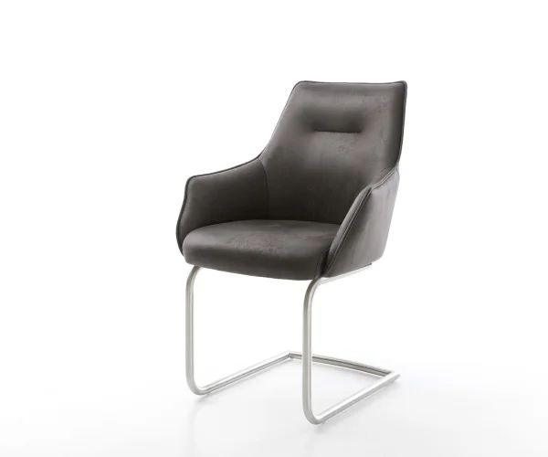 Cantilever Alja-Flex avec accoudoirs microvelours anthracite vintage pied cantilever rond acier inoxydable brossé ressorts ensachés