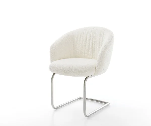 Cantilever Caja-Flex avec accoudoirs bouclé blanc pied cantilever rond acier inoxydable brossé ressorts ensachés