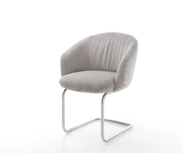 Cantilever Caja-Flex avec accoudoirs côtelé gris argenté pied cantilever rond acier inoxydable brossé ressorts ensachés