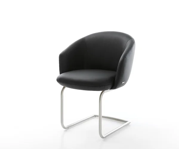 Cantilever Caja-Flex avec accoudoirs cuir de vache noir pied cantilever rond acier inoxydable brossé ressorts ensachés