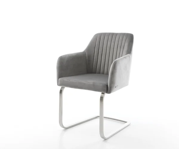Cantilever Greg-Flex velours gris pied cantilever plat acier inoxydable brossé ressorts ensachés