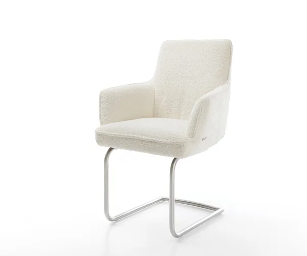 Cantilever Heira-Flex avec accoudoirs bouclé blanc pied cantilever rond acier inoxydable brossé ressorts ensachés