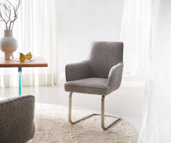 Cantilever Heira-Flex avec accoudoirs bouclé gris argenté pied cantilever plat acier inoxydable brossé ressorts ensachés