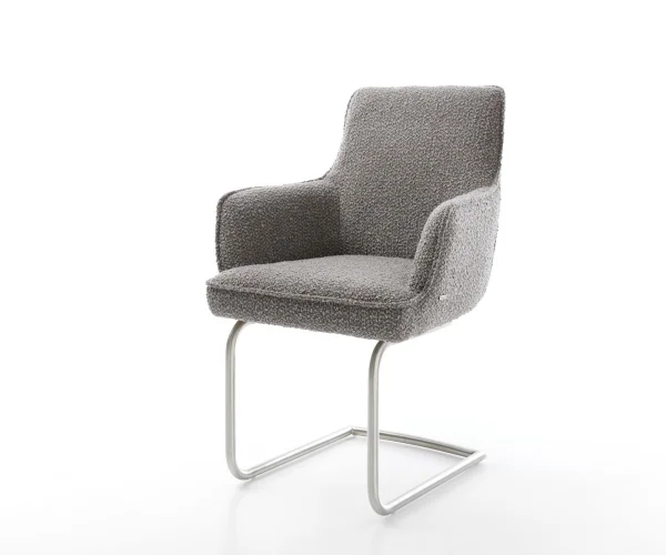 Cantilever Heira-Flex avec accoudoirs bouclé gris argenté pied cantilever rond acier inoxydable ressorts ensachés