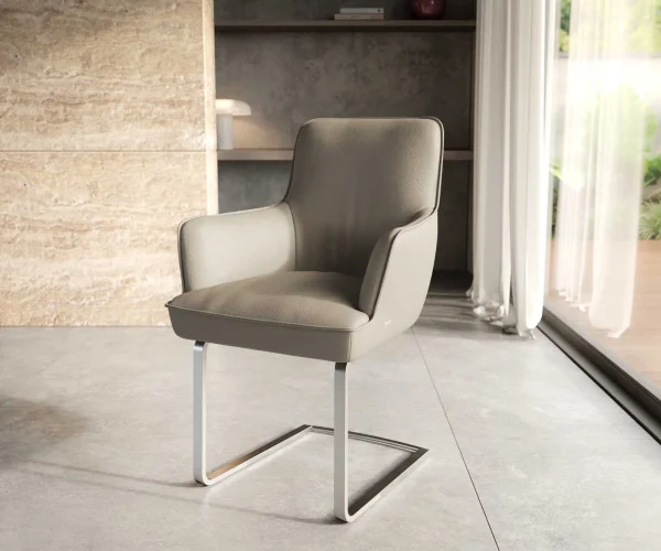 Cantilever Heira-Flex avec accoudoirs cuir de vache couleur boue pied cantilever plat acier inoxydable brossé ressorts ensachés