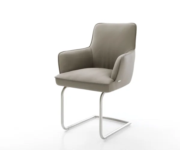 Cantilever Heira-Flex avec accoudoirs cuir de vache couleur boue pied cantilever rond acier inoxydable brossé ressorts ensachés