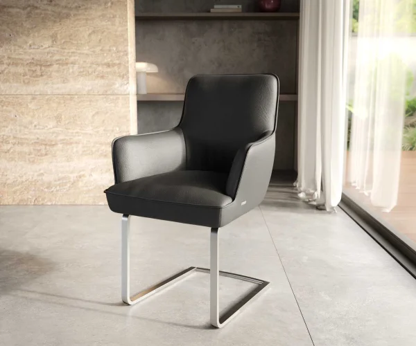 Cantilever Heira-Flex avec accoudoirs cuir de vache noir pied cantilever plat acier inoxydable brossé ressorts ensachés